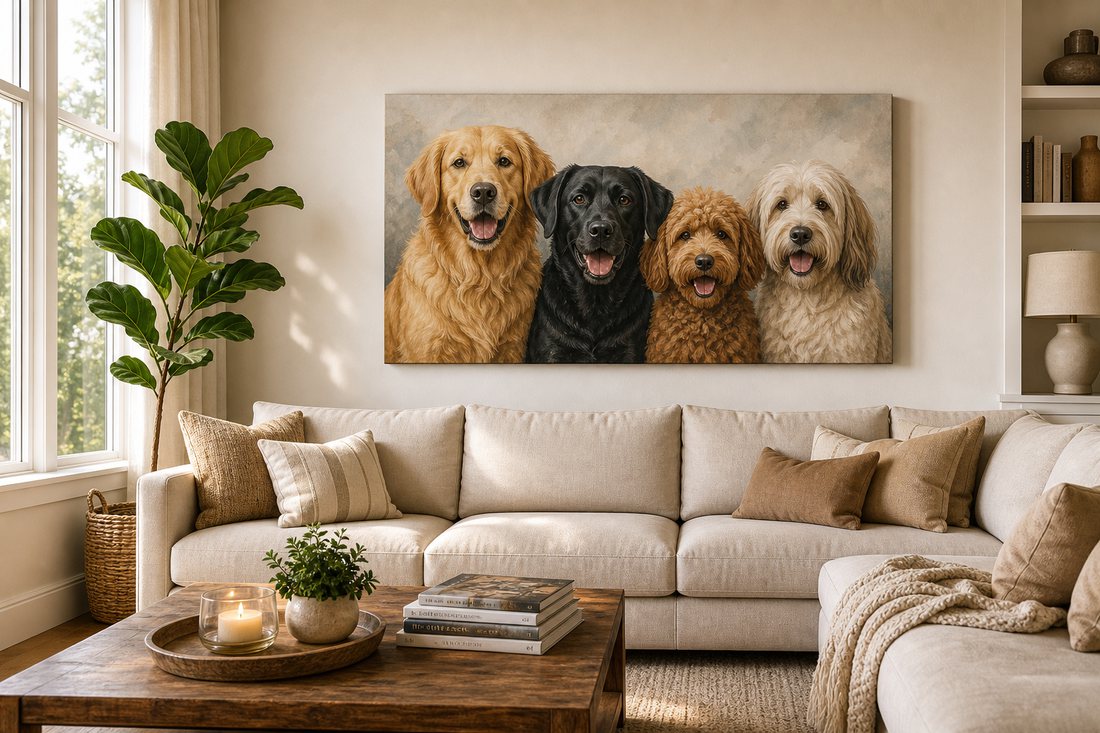 A canvas print hanging above a sofa in a cozy living room