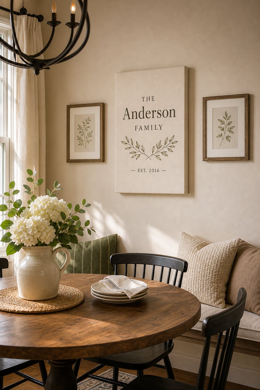 A canvas hanging above a dining nook