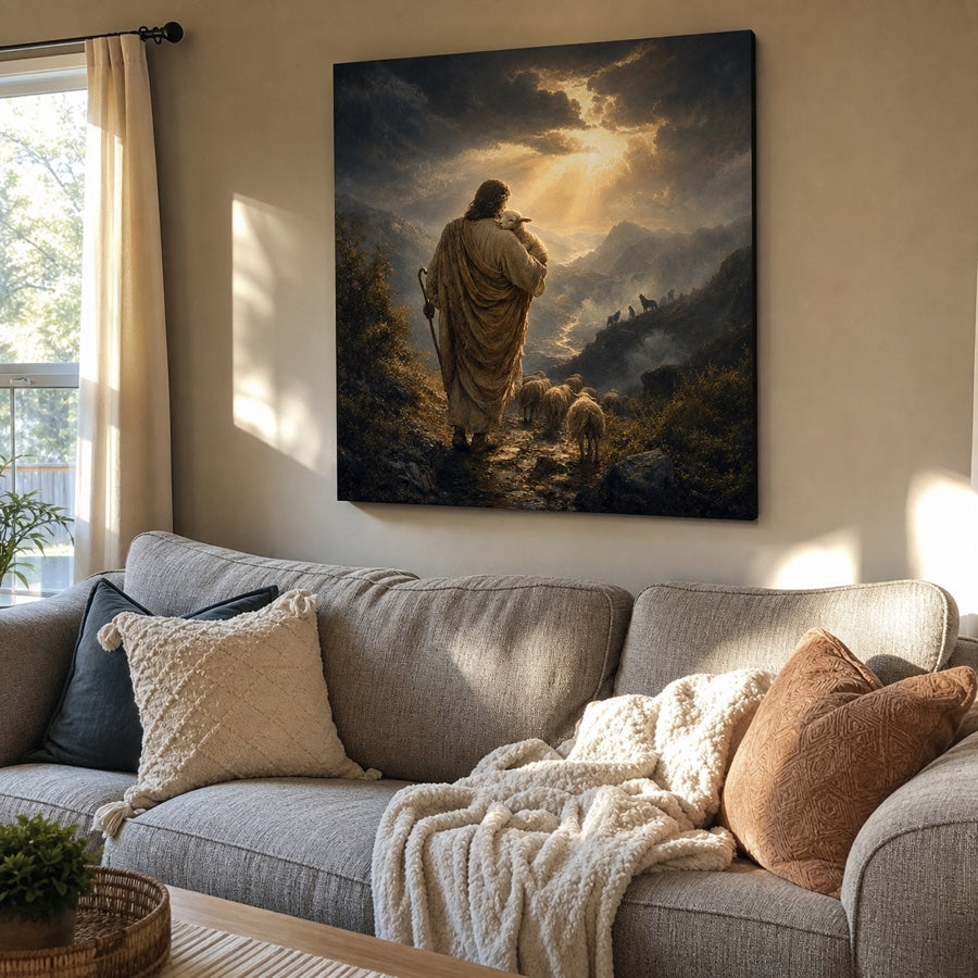 Customer photo of the canvas hanging above a living room sofa