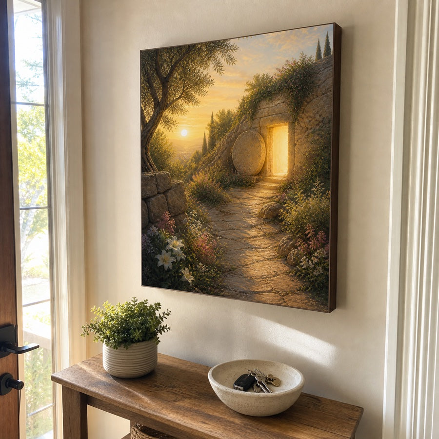 Customer photo of the canvas above an entryway console table